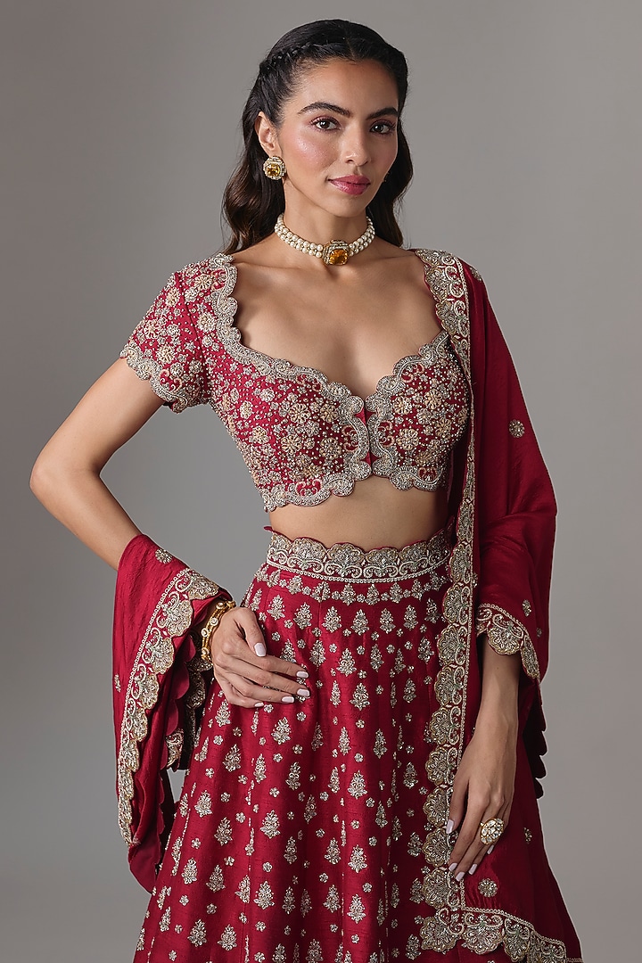 Red Raw Silk Zardosi Embroidered Bridal Lehenga Set by Jayanti Reddy at Pernia's Pop Up Shop