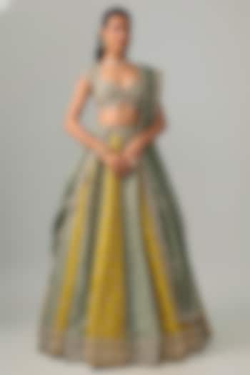 Mustard & Mint Green Raw Silk Zardosi Embroidered Bridal Lehenga Set by Jayanti Reddy at Pernia's Pop Up Shop