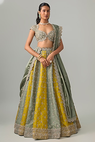 Mustard & Mint Green Raw Silk Zardosi Embroidered Lehenga Set by Jayanti Reddy