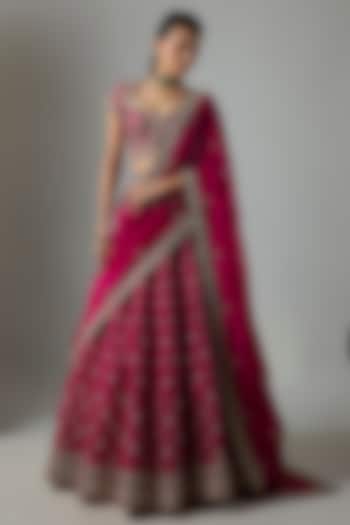 Pink Raw Silk Hand Embroidered Bridal Bridal Lehenga Set by Jayanti Reddy at Pernia's Pop Up Shop