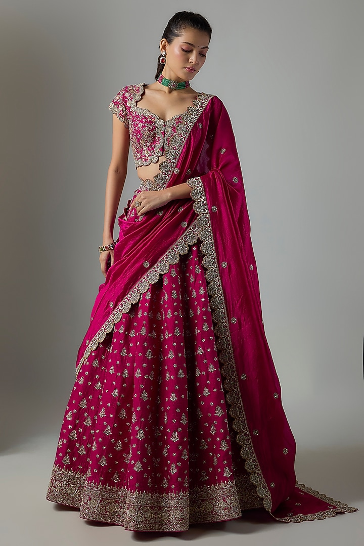 Pink Raw Silk Hand Embroidered Bridal Bridal Lehenga Set by Jayanti Reddy at Pernia's Pop Up Shop