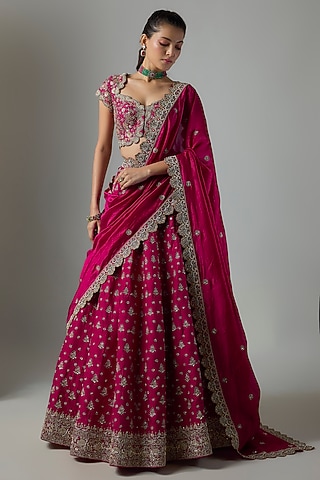 Pink Raw Silk Hand Embroidered Bridal Lehenga Set by Jayanti Reddy