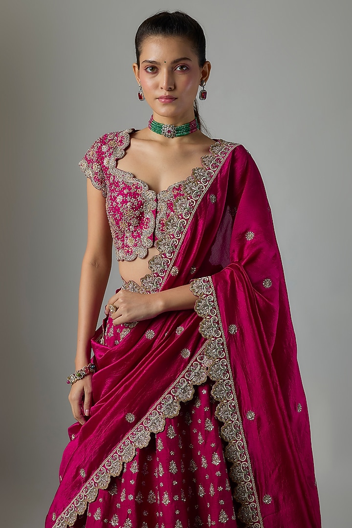 Pink Raw Silk Hand Embroidered Bridal Bridal Lehenga Set by Jayanti Reddy at Pernia's Pop Up Shop