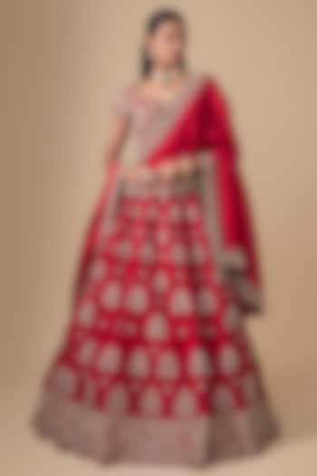 Red Raw Silk Zardosi Embroidered Bridal Lehenga Set by Jayanti Reddy at Pernia's Pop Up Shop