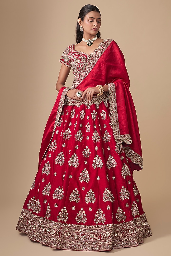 Red Raw Silk Zardosi Embroidered Bridal Lehenga Set by Jayanti Reddy at Pernia's Pop Up Shop
