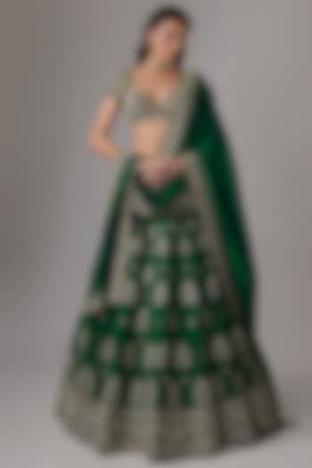 Bottle Green Raw Silk Zardosi Embroidered Bridal Lehenga Set by Jayanti Reddy at Pernia's Pop Up Shop