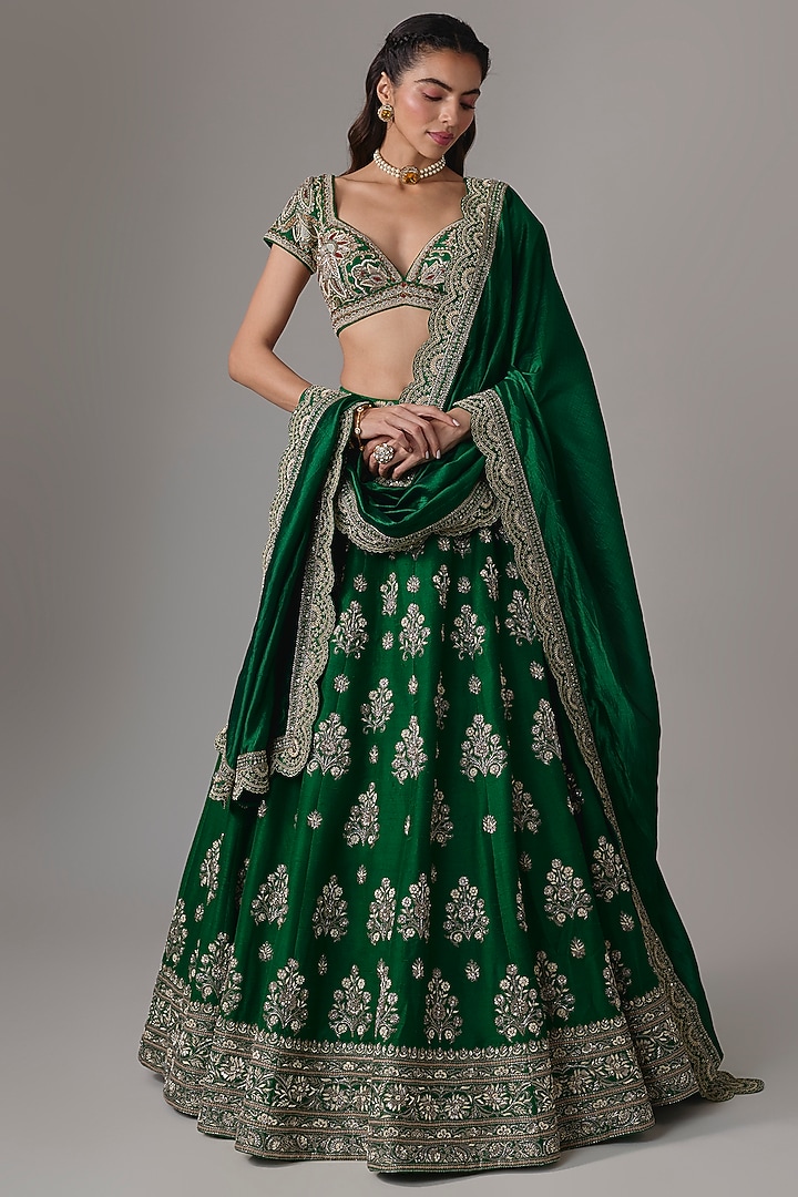 Bottle Green Raw Silk Zardosi Embroidered Bridal Lehenga Set by Jayanti Reddy at Pernia's Pop Up Shop