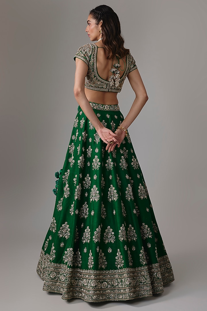 Bottle Green Raw Silk Zardosi Embroidered Bridal Lehenga Set by Jayanti Reddy at Pernia's Pop Up Shop