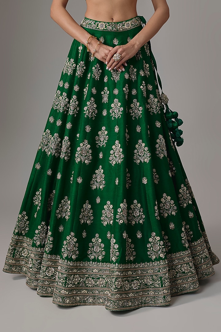 Bottle Green Raw Silk Zardosi Embroidered Bridal Lehenga Set by Jayanti Reddy at Pernia's Pop Up Shop