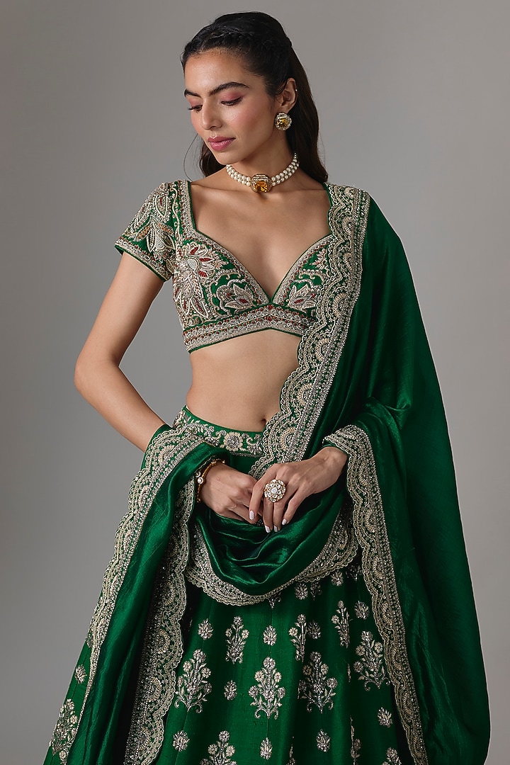 Bottle Green Raw Silk Zardosi Embroidered Bridal Lehenga Set by Jayanti Reddy at Pernia's Pop Up Shop