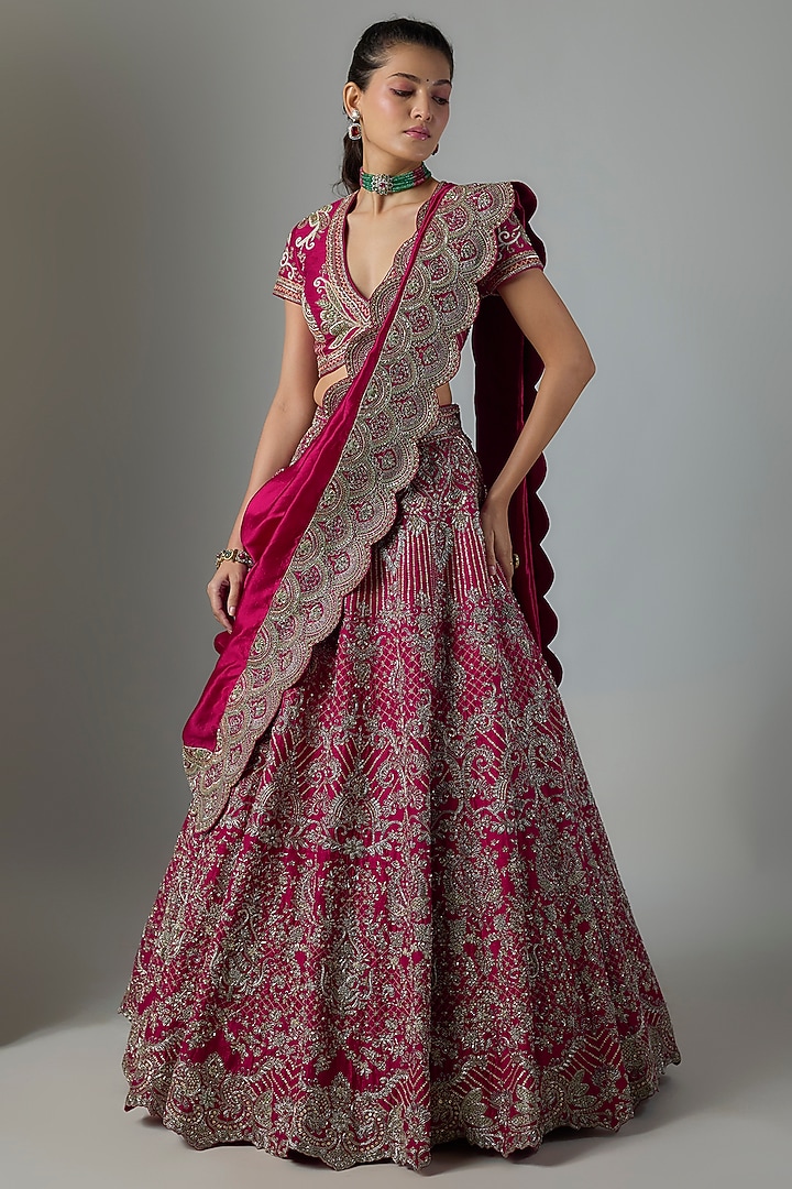 Pink Raw Silk Hand Embroidered Bridal Bridal Lehenga Set by Jayanti Reddy at Pernia's Pop Up Shop