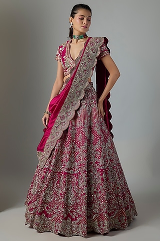 Pink Raw Silk Hand Embroidered Bridal Lehenga Set by Jayanti Reddy