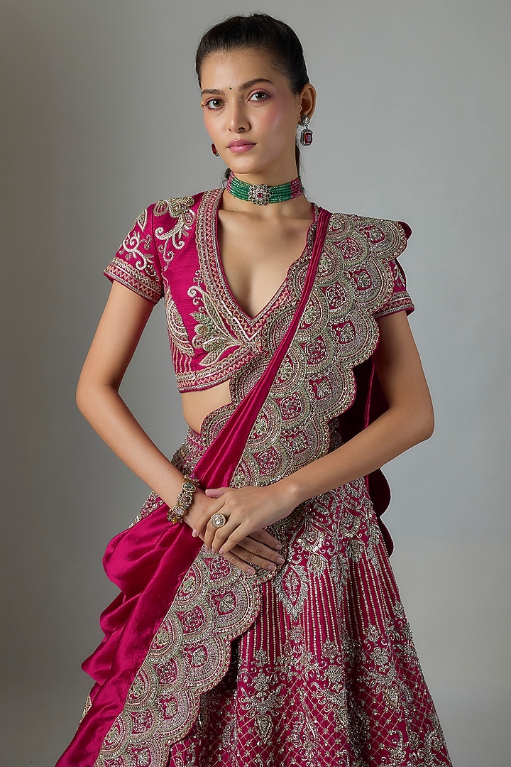 Pink Raw Silk Hand Embroidered Bridal Bridal Lehenga Set by Jayanti Reddy at Pernia's Pop Up Shop