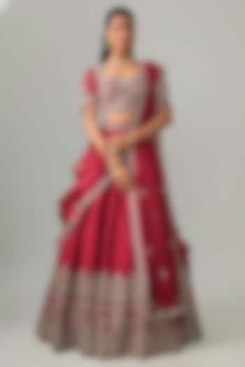 Red Raw Silk Zardosi Embroidered Bridal Lehenga Set by Jayanti Reddy at Pernia's Pop Up Shop