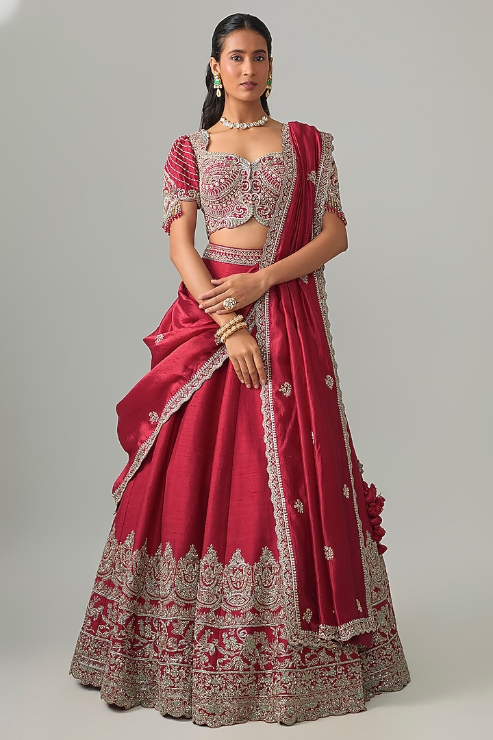 Red Raw Silk Zardosi Embroidered Bridal Lehenga Set by Jayanti Reddy at Pernia's Pop Up Shop