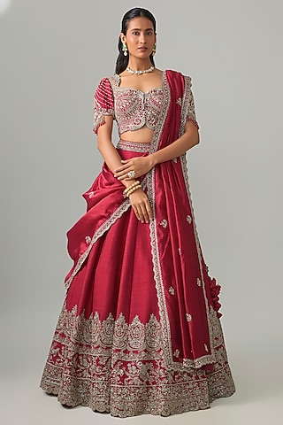 Red Raw Silk Zardosi Embroidered Lehenga Set by Jayanti Reddy