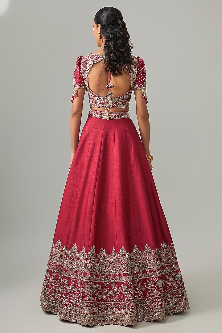 Red Raw Silk Zardosi Embroidered Bridal Lehenga Set by Jayanti Reddy at Pernia's Pop Up Shop