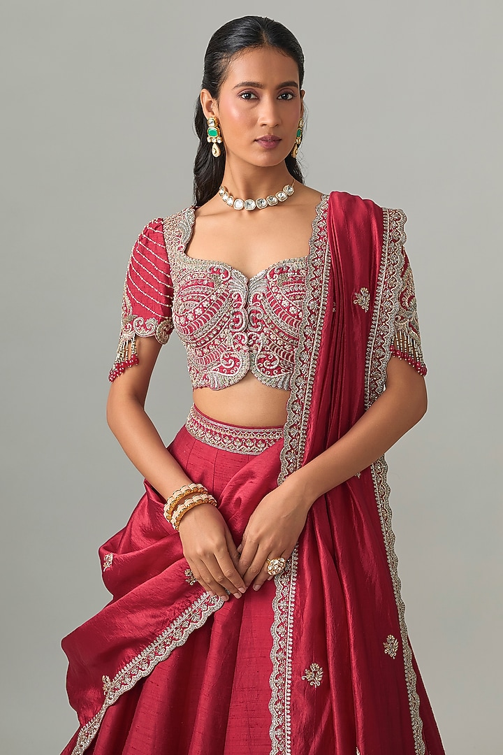 Red Raw Silk Zardosi Embroidered Bridal Lehenga Set by Jayanti Reddy at Pernia's Pop Up Shop