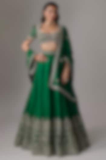 Bottle Green Raw Silk Zardosi Embroidered Bridal Lehenga Set by Jayanti Reddy at Pernia's Pop Up Shop