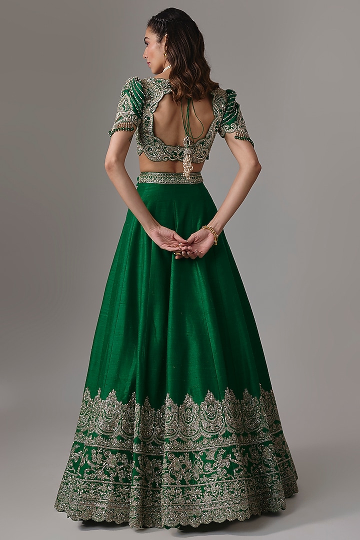 Bottle Green Raw Silk Zardosi Embroidered Bridal Lehenga Set by Jayanti Reddy at Pernia's Pop Up Shop