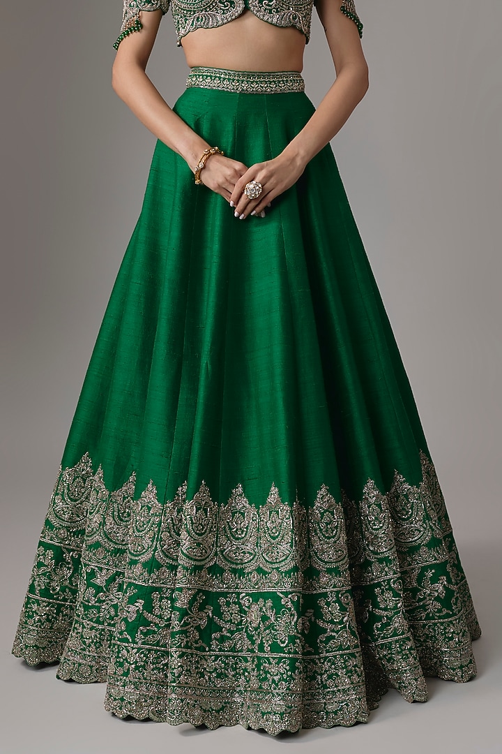 Bottle Green Raw Silk Zardosi Embroidered Bridal Lehenga Set by Jayanti Reddy at Pernia's Pop Up Shop