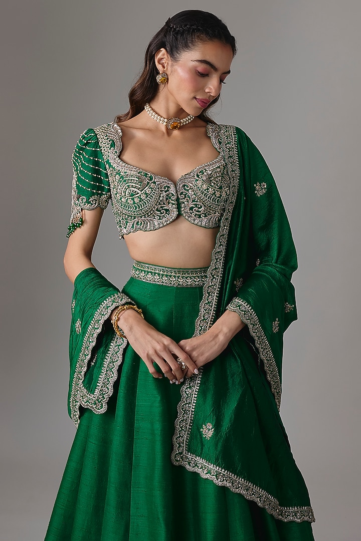 Bottle Green Raw Silk Zardosi Embroidered Bridal Lehenga Set by Jayanti Reddy at Pernia's Pop Up Shop