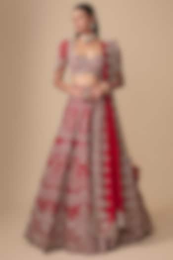 Red Raw Silk Zardosi Embroidered Bridal Lehenga Set by Jayanti Reddy at Pernia's Pop Up Shop