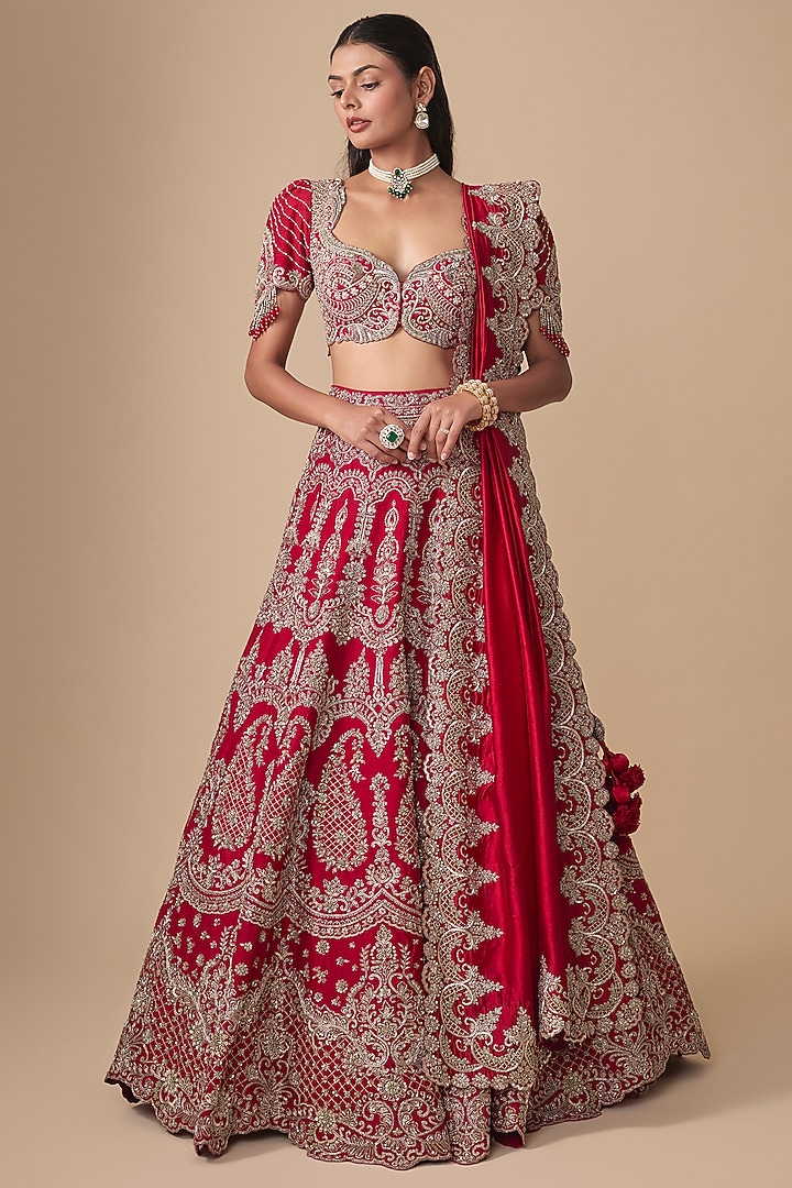 Red Raw Silk Zardosi Embroidered Bridal Lehenga Set by Jayanti Reddy at Pernia's Pop Up Shop