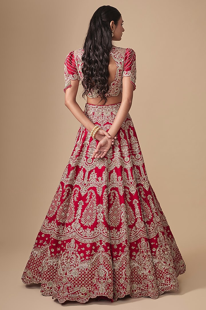 Red Raw Silk Zardosi Embroidered Bridal Bridal Lehenga Set by Jayanti Reddy at Pernia's Pop Up Shop