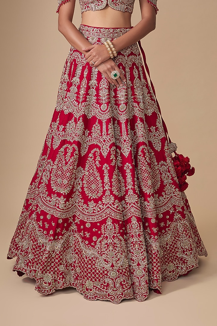Red Raw Silk Zardosi Embroidered Bridal Bridal Lehenga Set by Jayanti Reddy at Pernia's Pop Up Shop