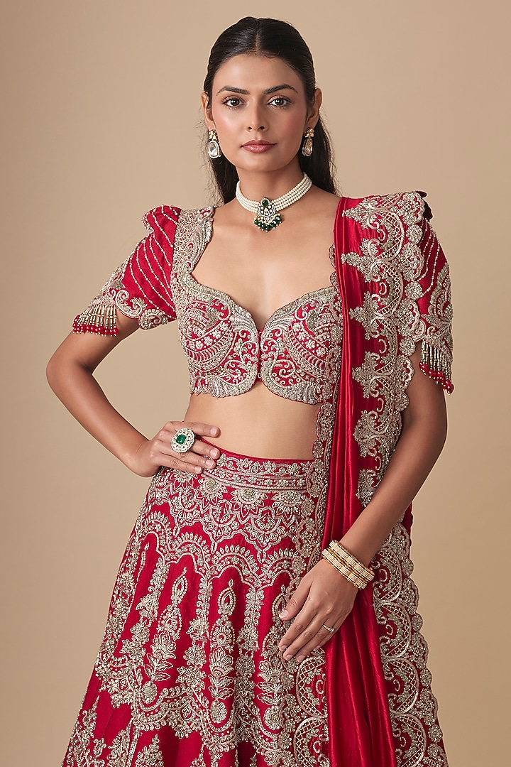 Red Raw Silk Zardosi Embroidered Bridal Bridal Lehenga Set by Jayanti Reddy at Pernia's Pop Up Shop