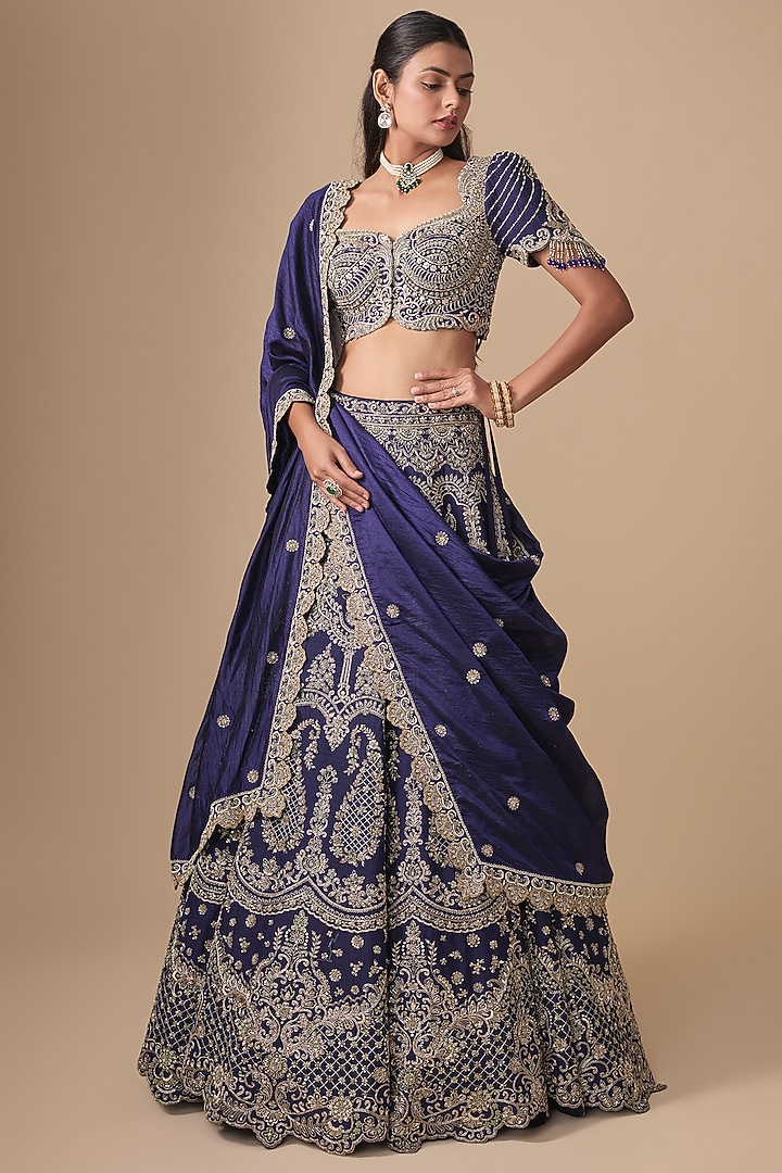 Purple Raw Silk Zardosi Embroidered Bridal Bridal Lehenga Set by Jayanti Reddy at Pernia's Pop Up Shop