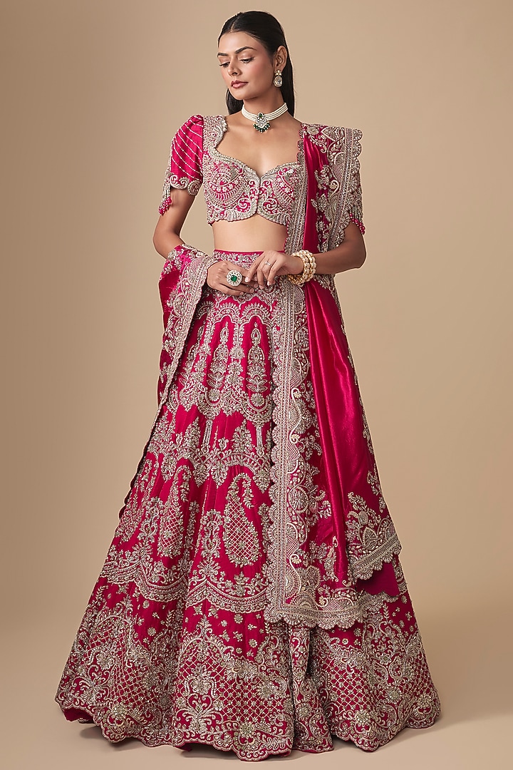 Pink Raw Silk Zardosi Embroidered Bridal Bridal Lehenga Set by Jayanti Reddy at Pernia's Pop Up Shop
