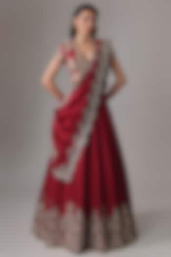 Red Raw Silk Zardosi Embroidered Bridal Lehenga Set by Jayanti Reddy at Pernia's Pop Up Shop