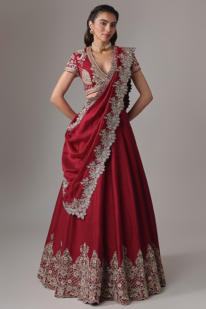 Red Raw Silk Zardosi Embroidered Bridal Lehenga Set by Jayanti Reddy at Pernia's Pop Up Shop