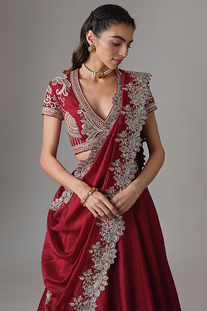 Red Raw Silk Zardosi Embroidered Bridal Lehenga Set by Jayanti Reddy at Pernia's Pop Up Shop
