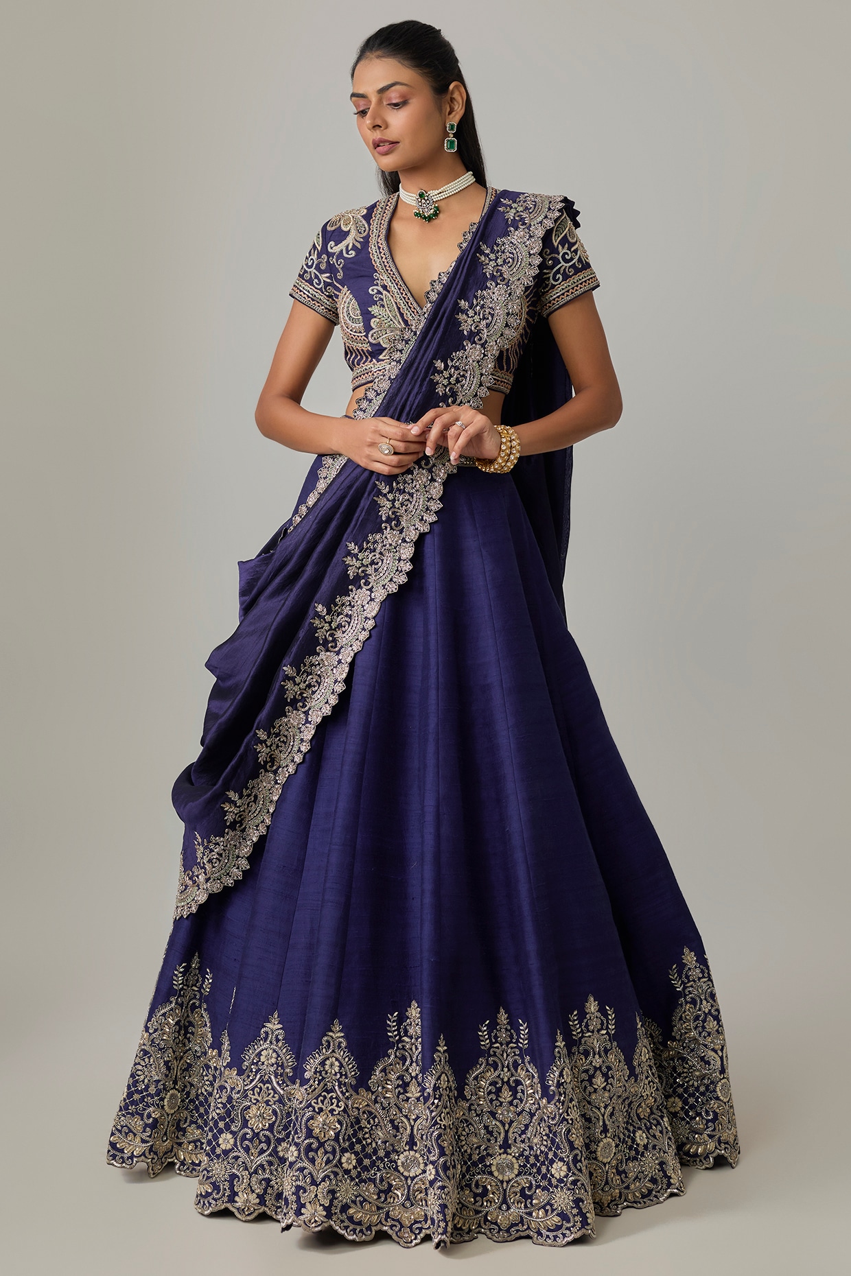Jayanti Reddy Purple Raw Silk Hand Embroidered Lehenga Set