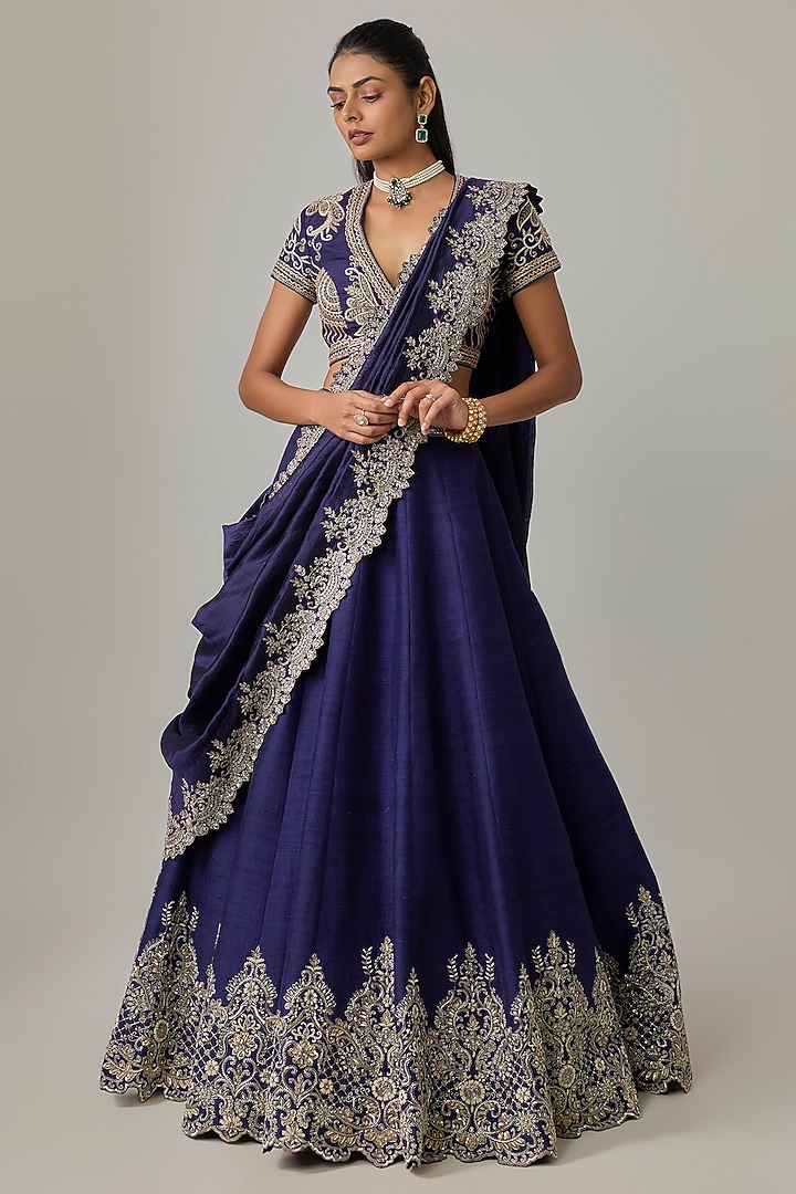 Purple Raw Silk Hand Embroidered Bridal Lehenga Set by Jayanti Reddy at Pernia's Pop Up Shop