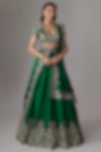 Bottle Green Raw Silk Zardosi Embroidered Bridal Lehenga Set by Jayanti Reddy at Pernia's Pop Up Shop