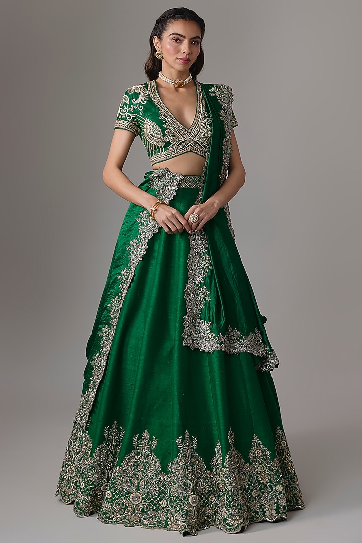 Bottle Green Raw Silk Zardosi Embroidered Bridal Lehenga Set by Jayanti Reddy at Pernia's Pop Up Shop