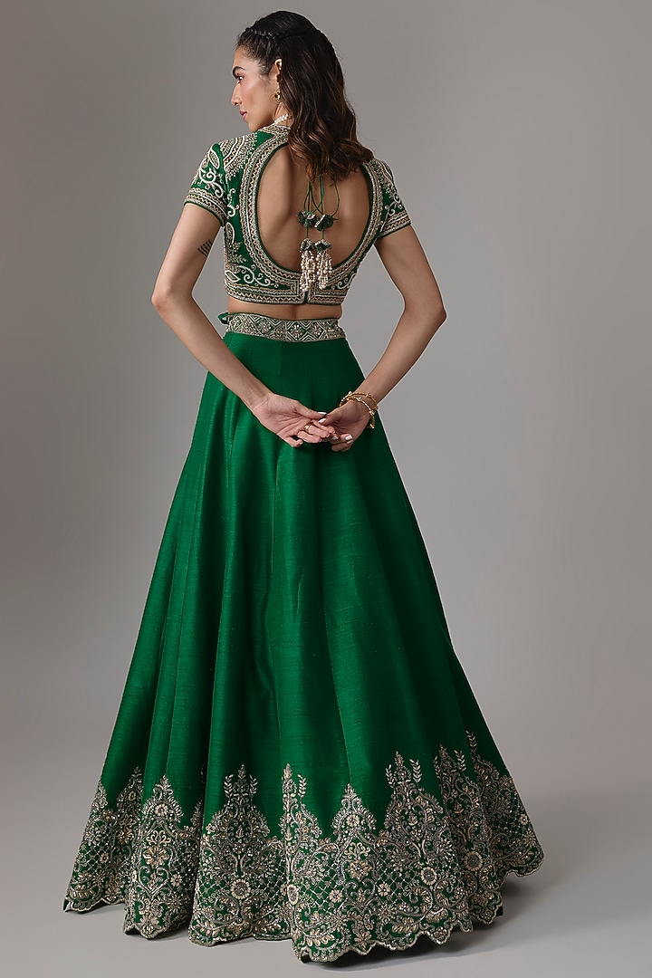 Bottle Green Raw Silk Zardosi Embroidered Bridal Lehenga Set by Jayanti Reddy at Pernia's Pop Up Shop