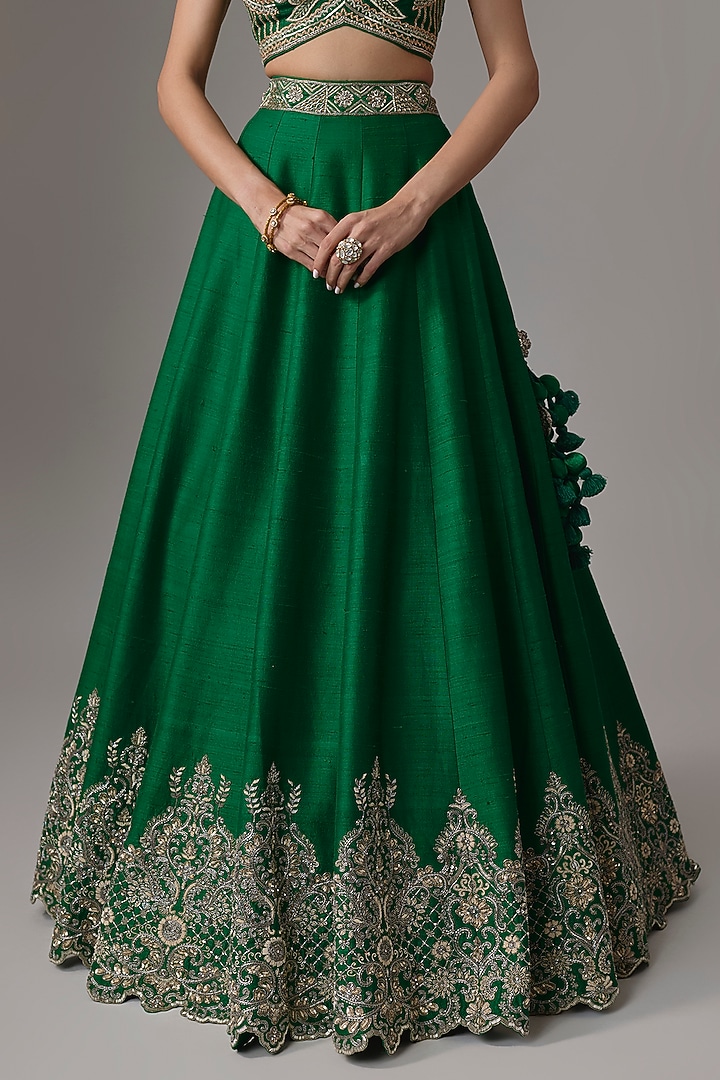 Bottle Green Raw Silk Zardosi Embroidered Bridal Lehenga Set by Jayanti Reddy at Pernia's Pop Up Shop