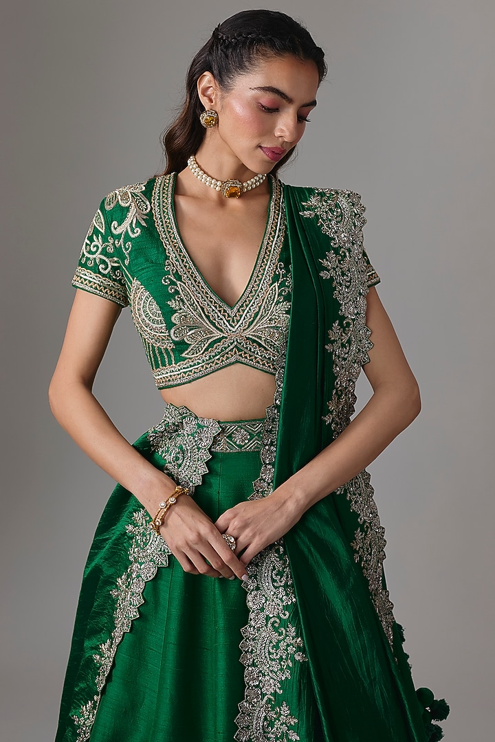Bottle Green Raw Silk Zardosi Embroidered Bridal Lehenga Set by Jayanti Reddy at Pernia's Pop Up Shop