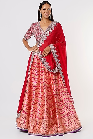 Red Zardosi Embroidered Lehenga Set by Jayanti Reddy