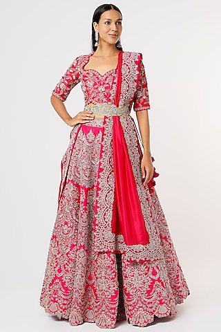 Fuchsia Raw Silk Embroidered Lehenga Set by Jayanti Reddy