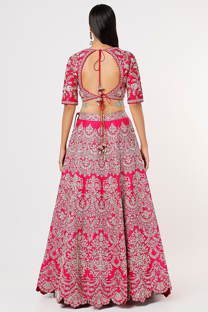 Fuchsia Raw Silk Embroidered Bridal Lehenga Set by Jayanti Reddy at Pernia's Pop Up Shop