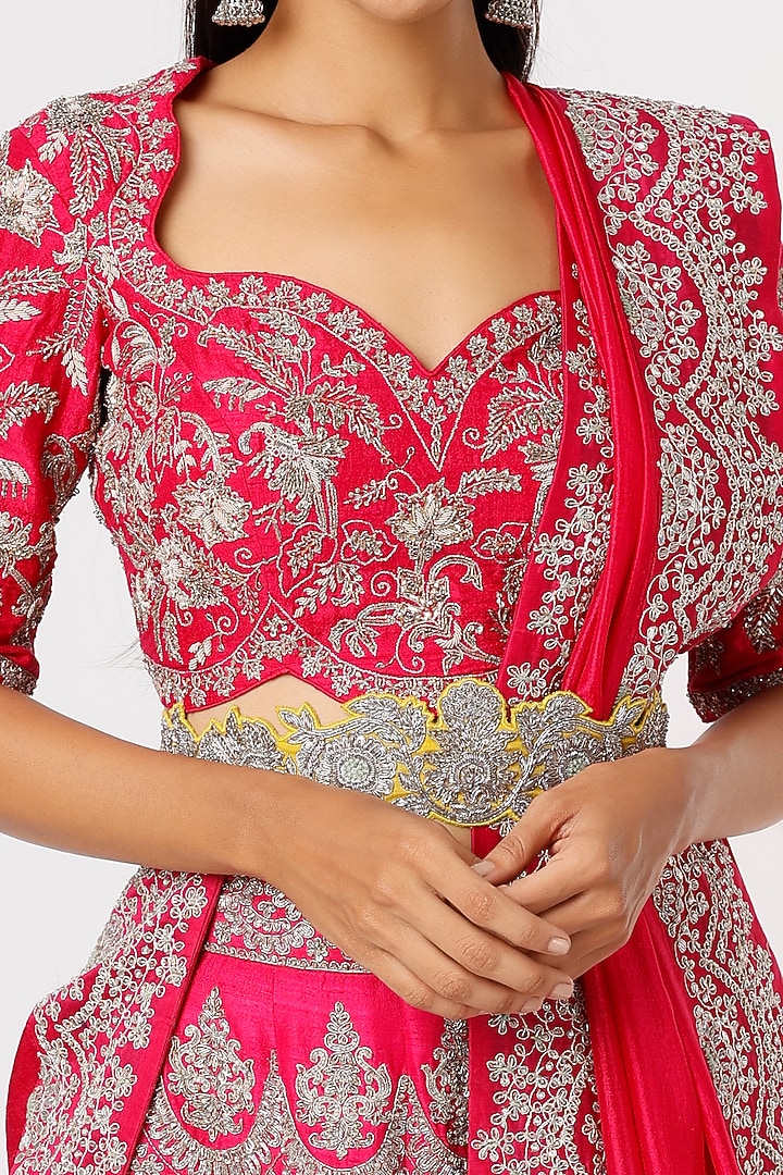 Fuchsia Raw Silk Embroidered Bridal Lehenga Set by Jayanti Reddy at Pernia's Pop Up Shop