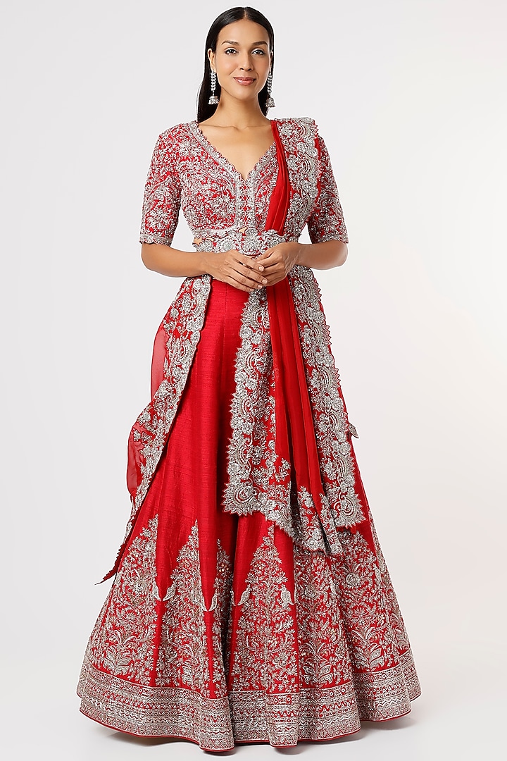 Red Embroidered Lehenga Set by Jayanti Reddy
