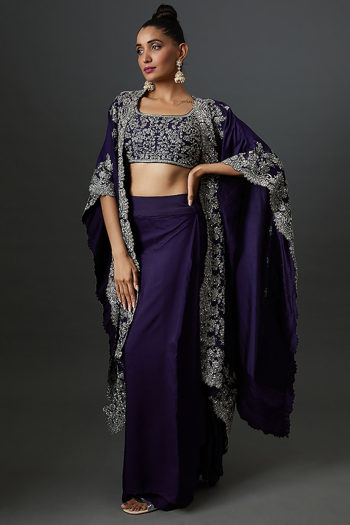 Purple Silk Embroidered Cape Set by Jayanti Reddy