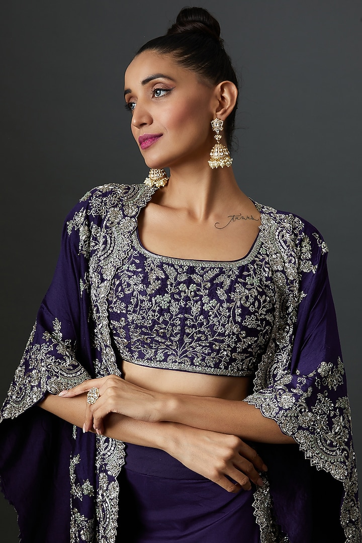 Purple Silk Embroidered Cape Set by Jayanti Reddy at Pernia's Pop Up Shop